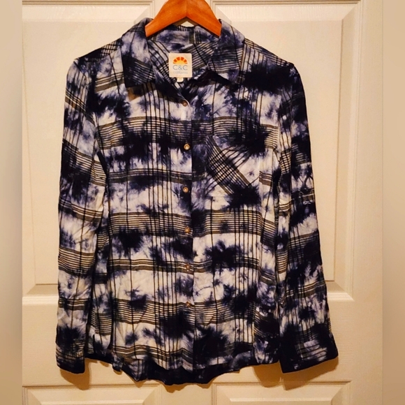 C & C California Womens Size M Blue, Black White Tie Plaid Button Front Shirt - Picture 1 of 6